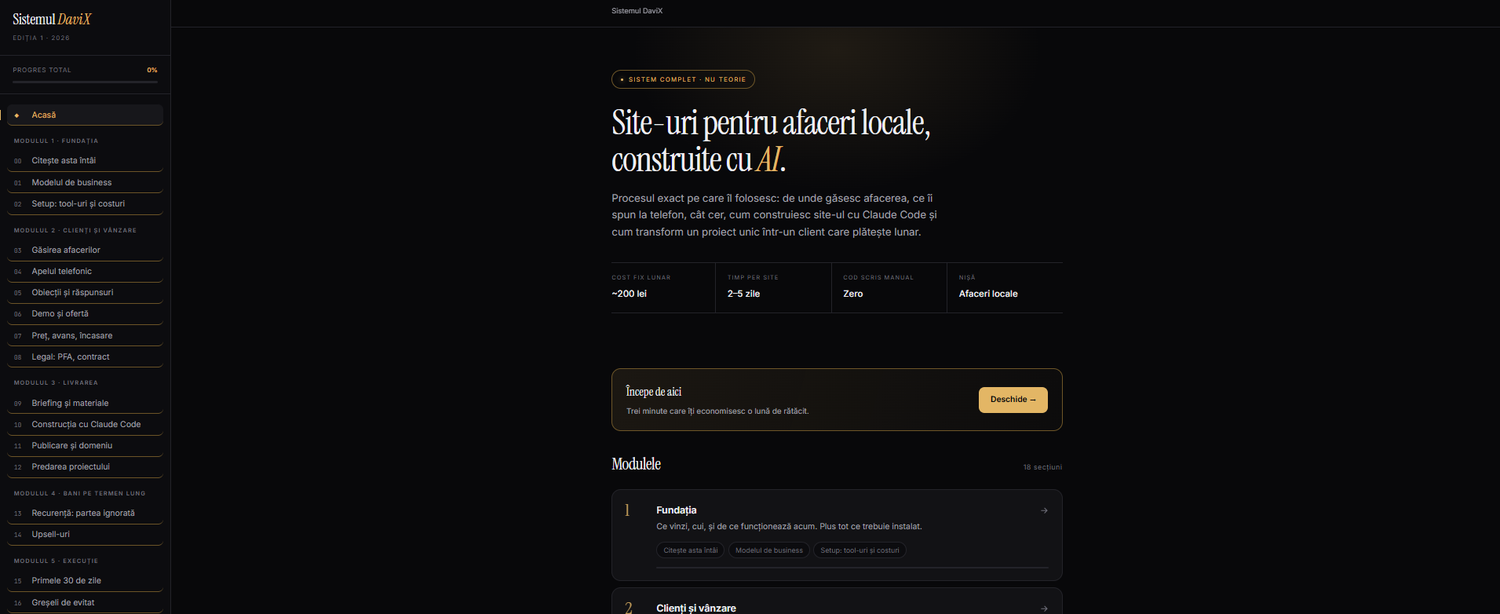 Sistemul DaviX deschis în browser — module în stânga, conținut în dreapta